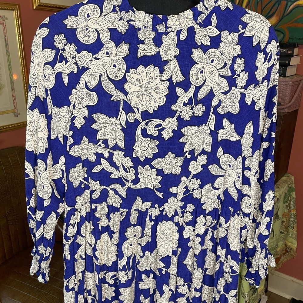 Zara Blue and White Floral Maxi Tiered Peasant Tent Dress. Size XS. Retail $100 - Picture 5 of 8